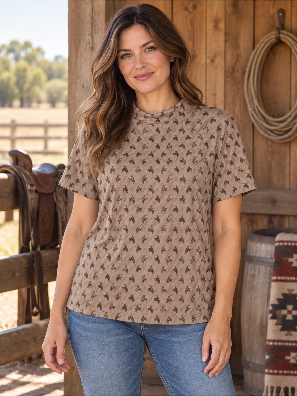 2fly co Women’s Short Sleeve Crewneck Tee in Taupe Horse Print